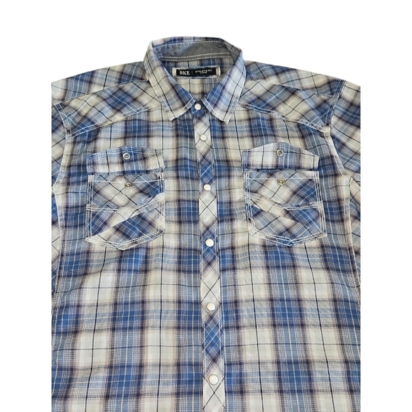 BKE Men's Athletic Fit Blue/Gray Plaid Button Up Shirt Size Large - Picture 2 of 8